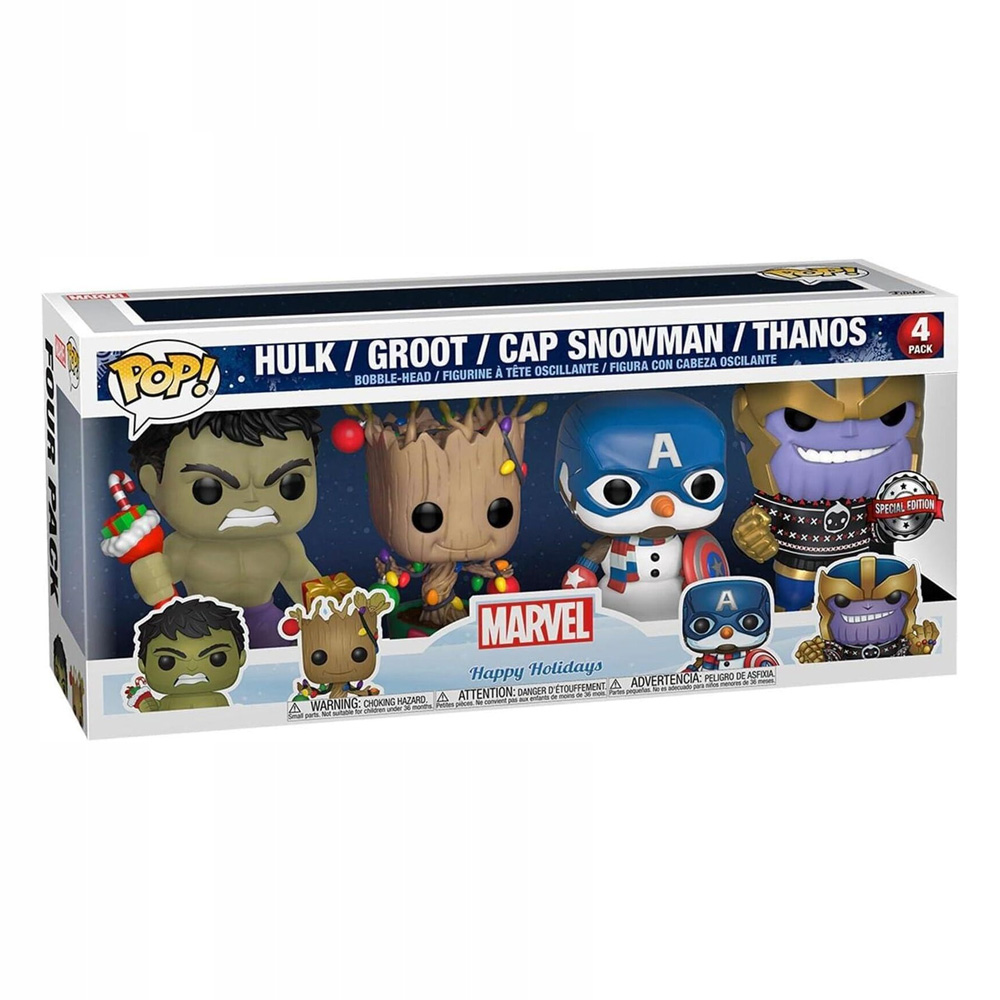 Funko  POP! Marvel: Holiday Bobble Head Hulk / Groot / Cap Snowman / Thanos  4PK